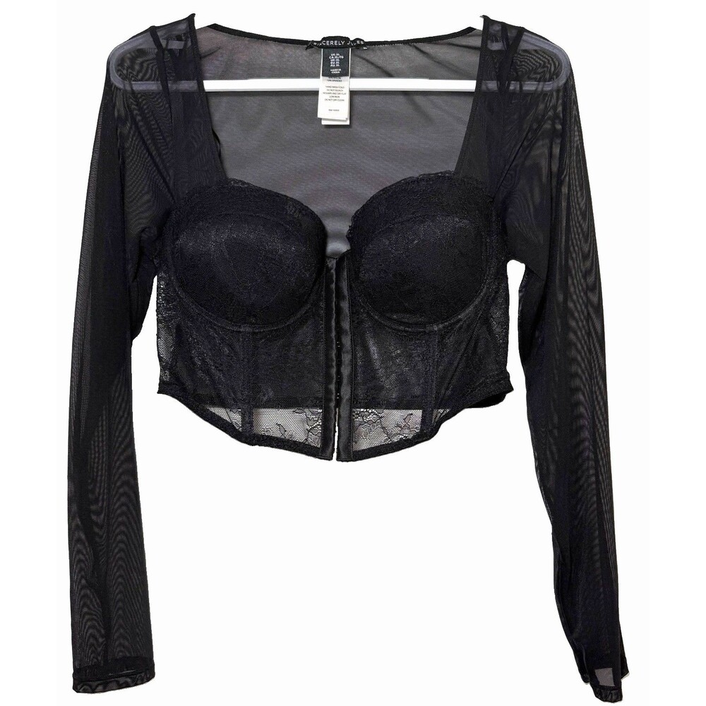 Sincerely Jules XL Black Lace Bustier Crop Top Sheer Mesh Long Sleeve Corset